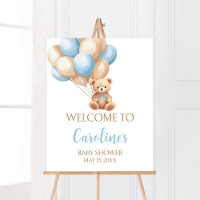 Boho Blue Balloon Bear Baby Shower Welcome