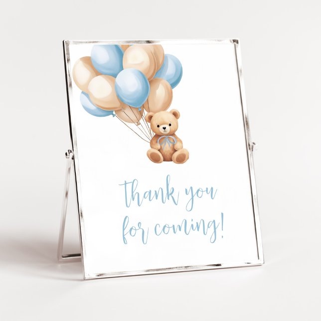 Boho Blue Balloon Bear Thank you for Coming Poster (We Can Bearly Wait Boy Baby Shower Thank you for Coming Sign)