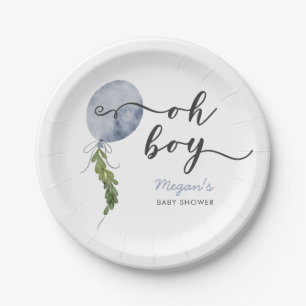 Boho Blue Balloon Oh Boy Baby Shower Paper Plate