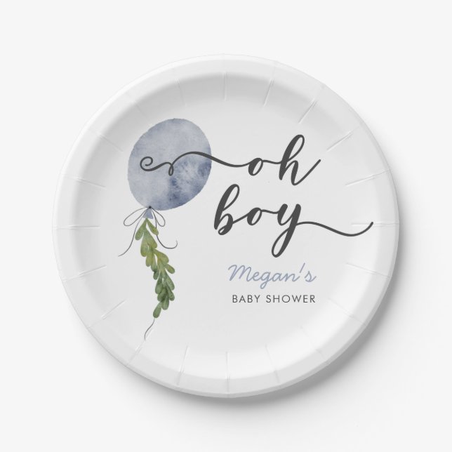 Boho Blue Balloon Oh Boy Baby Shower Paper Plate (Front)