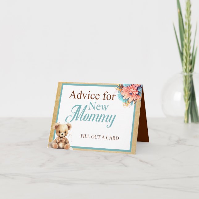 Boho Blue Bear Baby Shower Advice for Mummy Table  Card (Front)