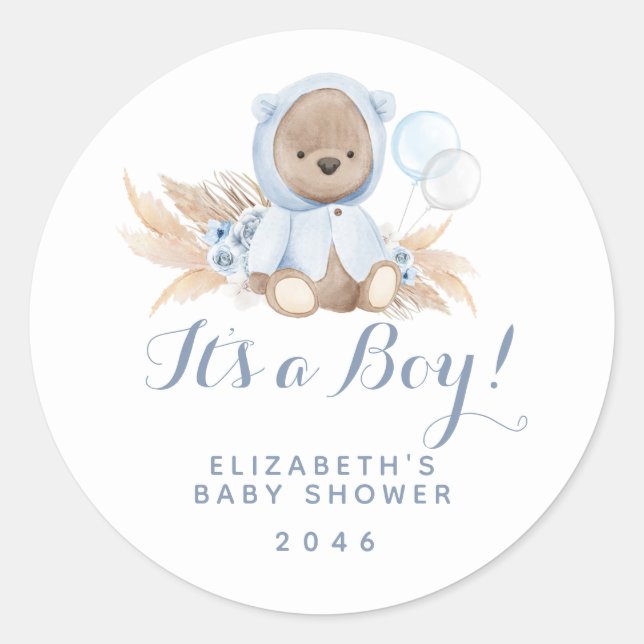 Boho Blue Bear Baby Shower Favour Label (Front)