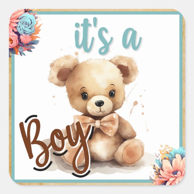 Boho Blue Bear Baby Shower Square Sticker (Front)