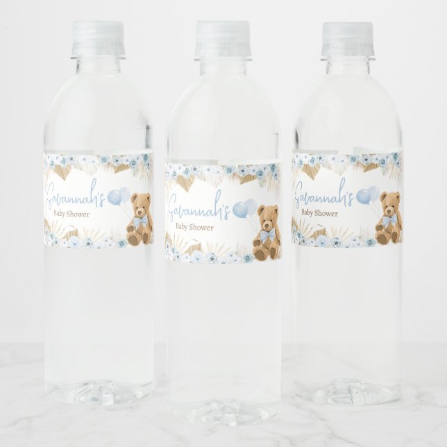 Boho Blue Bear Baby Shower  Water Bottle Label (Bottles)