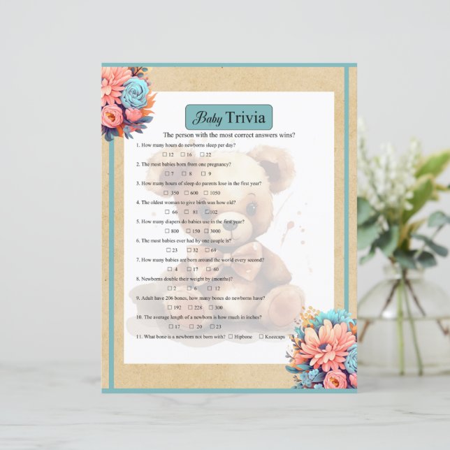  Boho Blue Bear Baby Trivia Game (Standing Front)