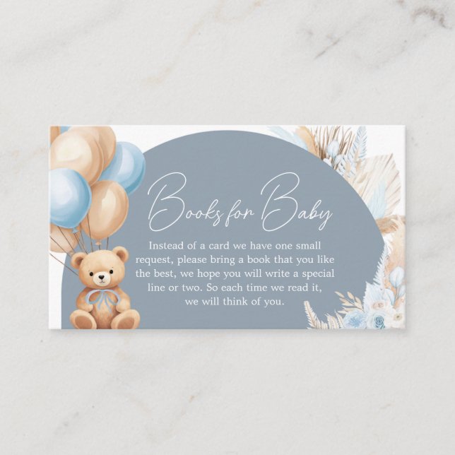 Boho Blue Bear Balloon Baby Shower Books for Baby Enclosure Card (Front)
