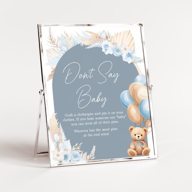 Boho Blue Bear Balloon Baby Shower Don't Say Baby Poster (Sage Blue Balloons Baby Shower Don't Say Baby Sign)