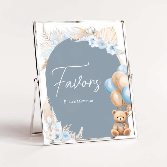 Boho Blue Bear Balloon Baby Shower Favours Poster (Sage Blue Balloons Baby Shower Favors Sign)