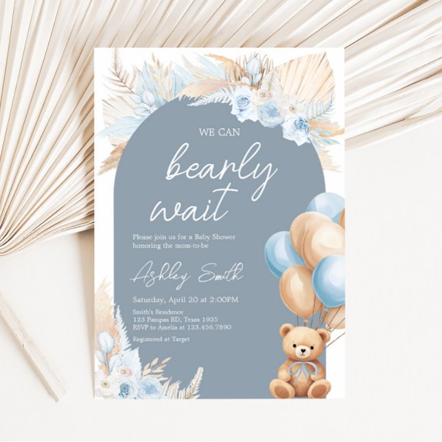 Boho Blue Bear Balloon Baby Shower  Invitation (Sage Blue Balloons Baby Shower Invitation)