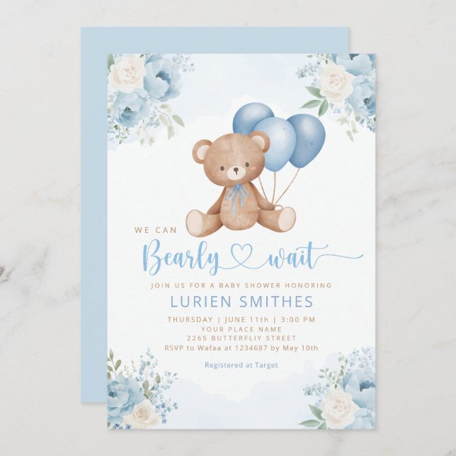 Boho Blue Bearly Wait Teddy Bear Boy baby shower  Invitation (Front/Back)