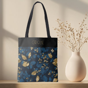 Boho Blue Black leaves Trendy Chic Tote Bag