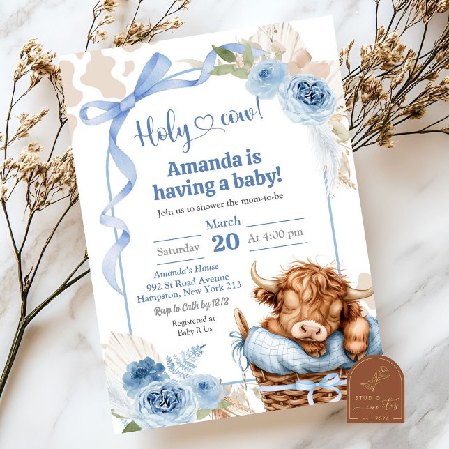 Boho Blue Bow Highland Cow Baby Shower Invitation (Creator Uploaded)