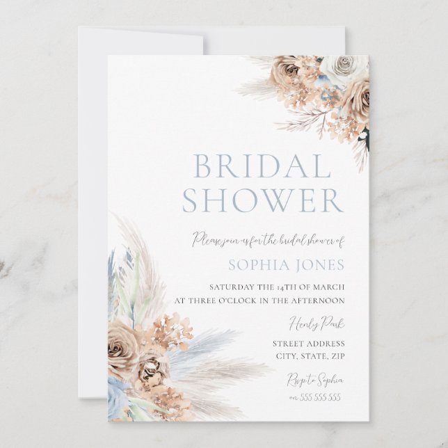 Boho Blue Bridal Shower: Dusty Blue & Ivory Floral Invitation (Front)