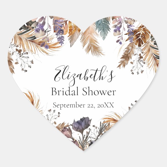 Boho Blue Brown Botanical Palm Pampas Grass Bridal Heart Sticker (Front)