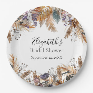 Boho Blue Brown Botanical Palm Pampas Grass Bridal Paper Plate