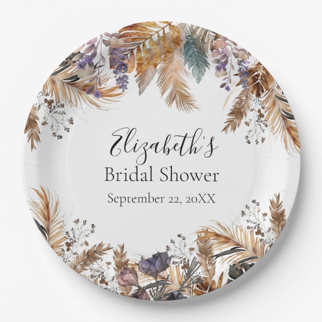 Boho Blue Brown Botanical Palm Pampas Grass Bridal Paper Plate (Front)