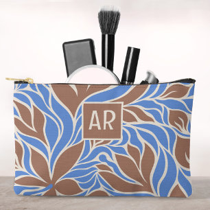 Boho Blue & Brown Modern Floral Pattern Monogram Accessory Pouch