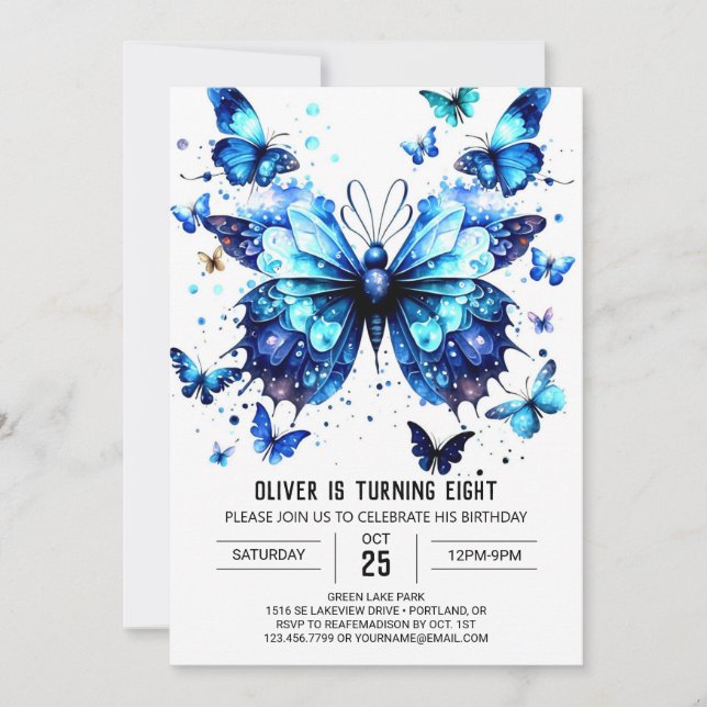 Boho Blue Butterfly Boy Birthday Invitation (Front)
