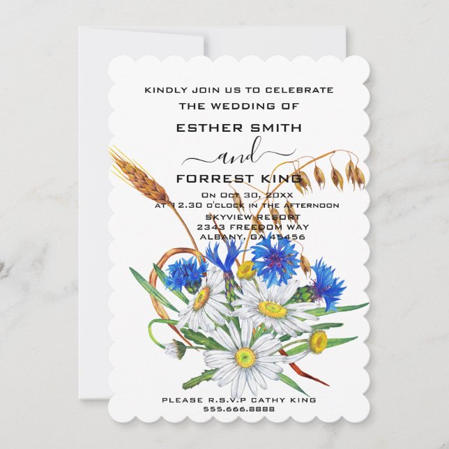 Boho Blue Carnations Bouquet Minimalist Wedding Invitation (Front)