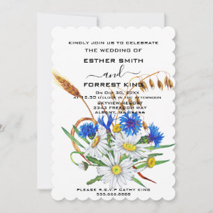 Boho Blue Carnations Bouquet Minimalist Wedding Invitation