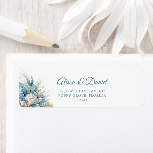 Boho Blue Coastal Beach Shell Return Address (Insitu)