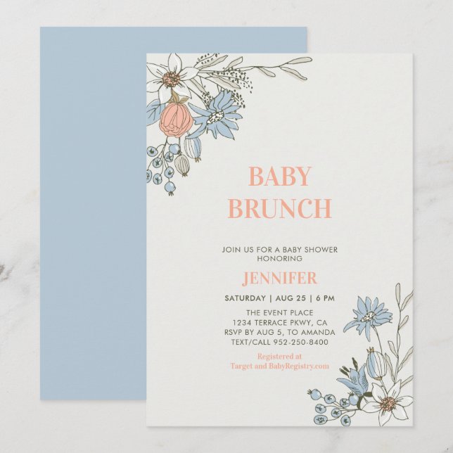 Boho Blue & Coral Floral Baby Brunch Shower Invitation (Front/Back)