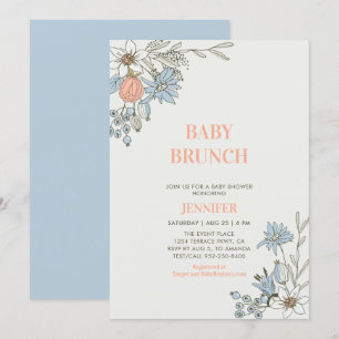 Boho Blue & Coral Floral Baby Brunch Shower Invitation