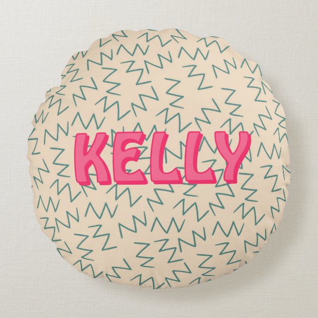 Boho Blue Cream Pink Zig Zag Ikat-Inspired Pattern Round Cushion (Front)