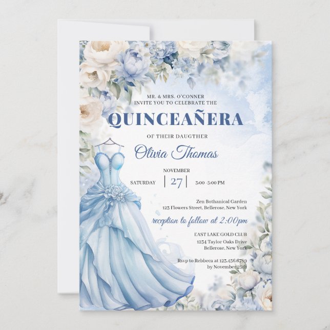 Boho Blue Dress & tiara hydrangea and white roses Invitation (Front)