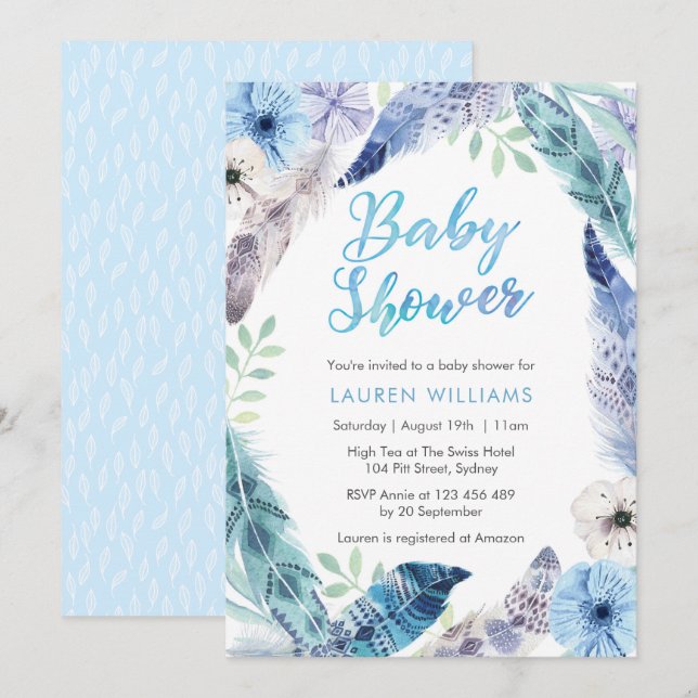 Boho blue feather Baby Shower invitation (Front/Back)