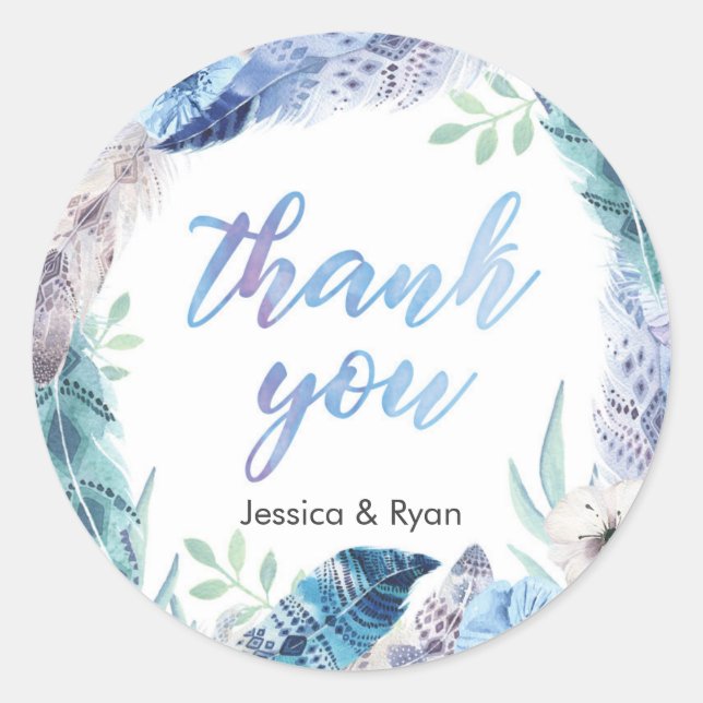 Boho Blue Feather Thank you stickers (Front)