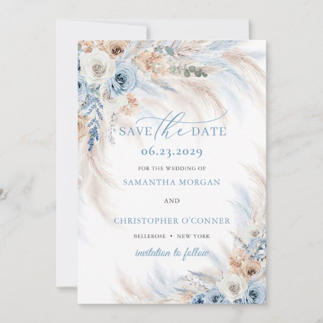 Boho Blue Floral and Ivory Roses Pampas Grass  Save The Date (Front)