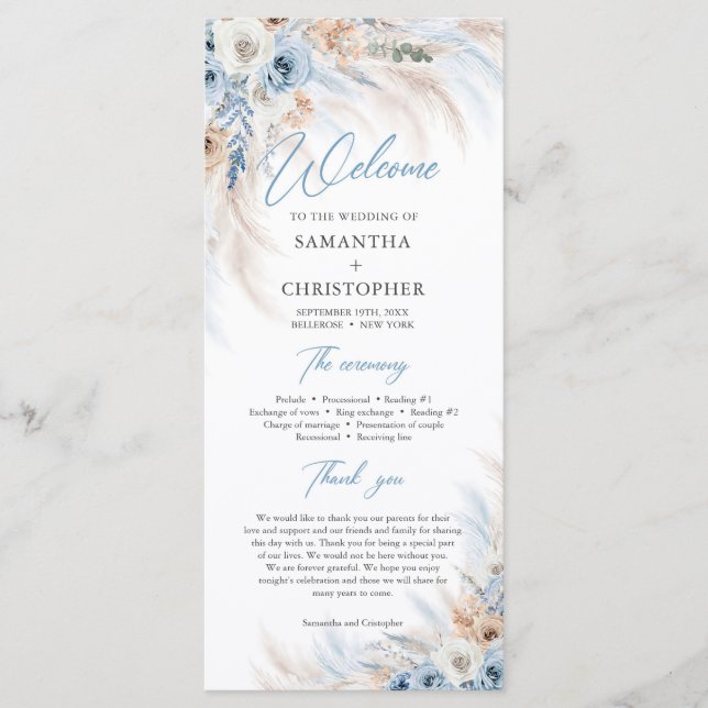 Boho Blue Floral and Ivory Roses Pampas wedding Programme (Front)