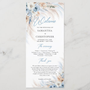Boho Blue Floral and Ivory Roses Pampas wedding Programme