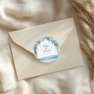 Boho Blue Floral Arch Beach Wedding Classic Round Sticker
