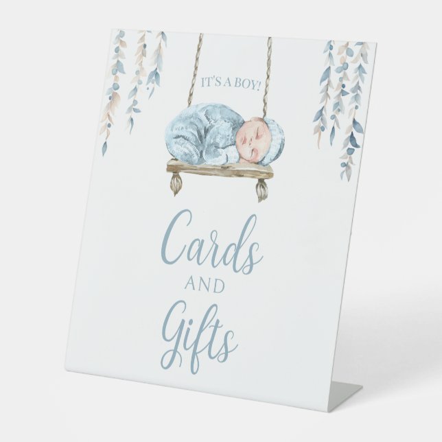 Boho blue floral baby boy shower guest book sign (Front)