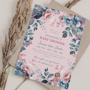 Boho Blue Floral Baby Shower Save Date Blush Invitation