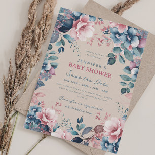Boho Blue Floral Baby Shower Save Date Champagne Invitation