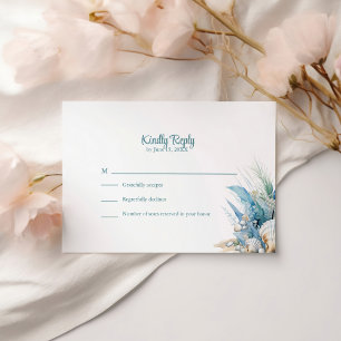 Boho Blue Floral Beach and Shell Wedding RSVP Card