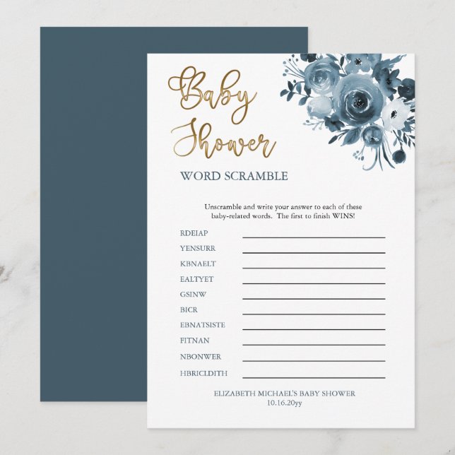 Boho Blue Floral Boy Baby Shower Word Scramble Invitation (Front/Back)