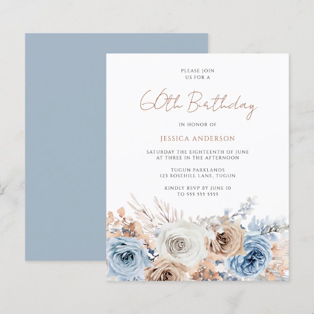 Boho Blue Floral Budget 60th Birthday Invitation (Front/Back)