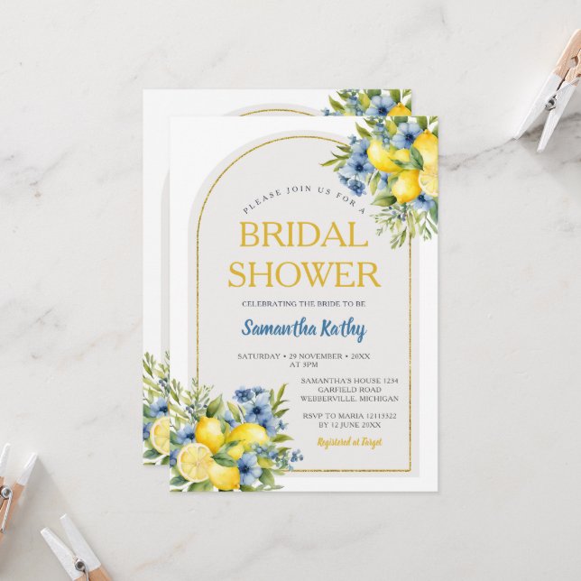 Boho Blue Floral Citrus Lemonade Bridal Shower Invitation (Front/Back In Situ)
