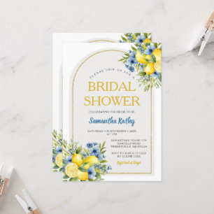 Boho Blue Floral Citrus Lemonade Bridal Shower Invitation