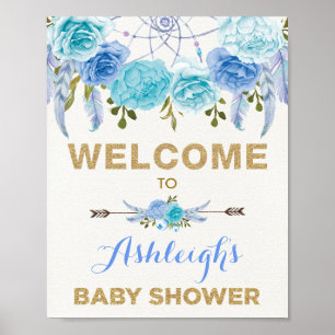Boho Blue Floral Dreamcatcher Baby Shower Welcome Poster