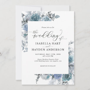 Boho Blue Floral Dusty Slate Pastel Wedding Invita Invitation