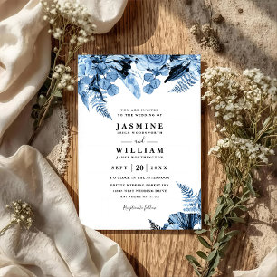 Boho Blue Floral Elegant Modern QR Code Wedding Invitation