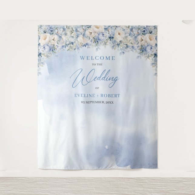 Boho blue floral eucalyptus and gold frame Wedding Tapestry (Front)