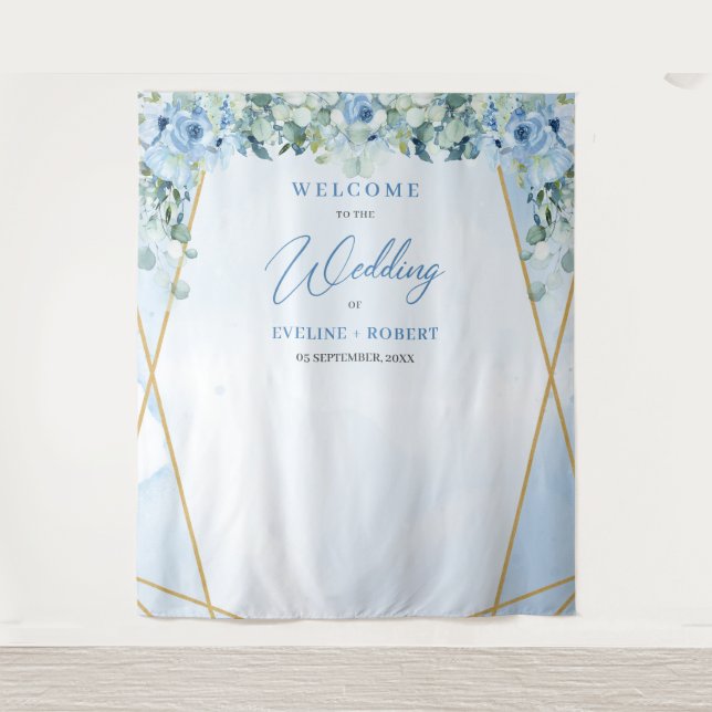 Boho blue floral eucalyptus and gold frame Wedding Tapestry (Front)