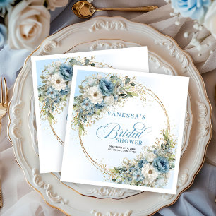 Boho blue floral eucalyptus gold bridal shower   napkin