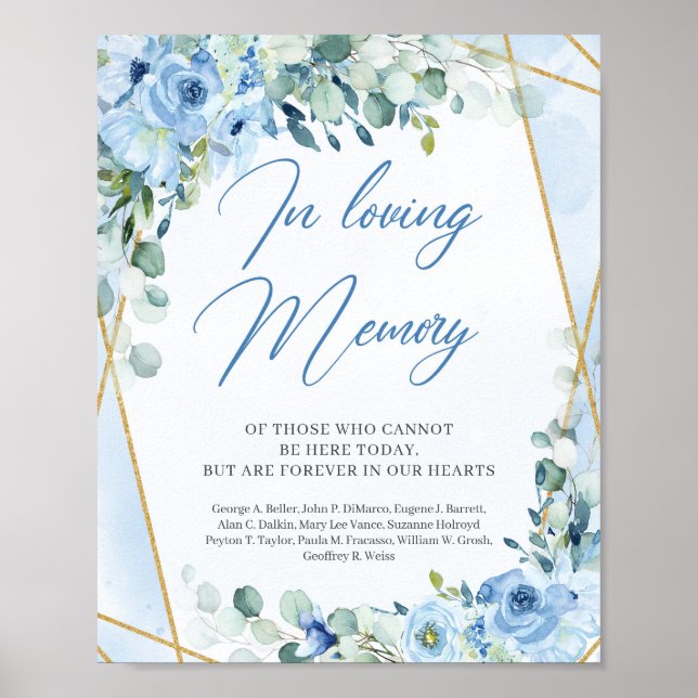 Boho blue floral eucalyptus gold In loving memory Poster (Front)